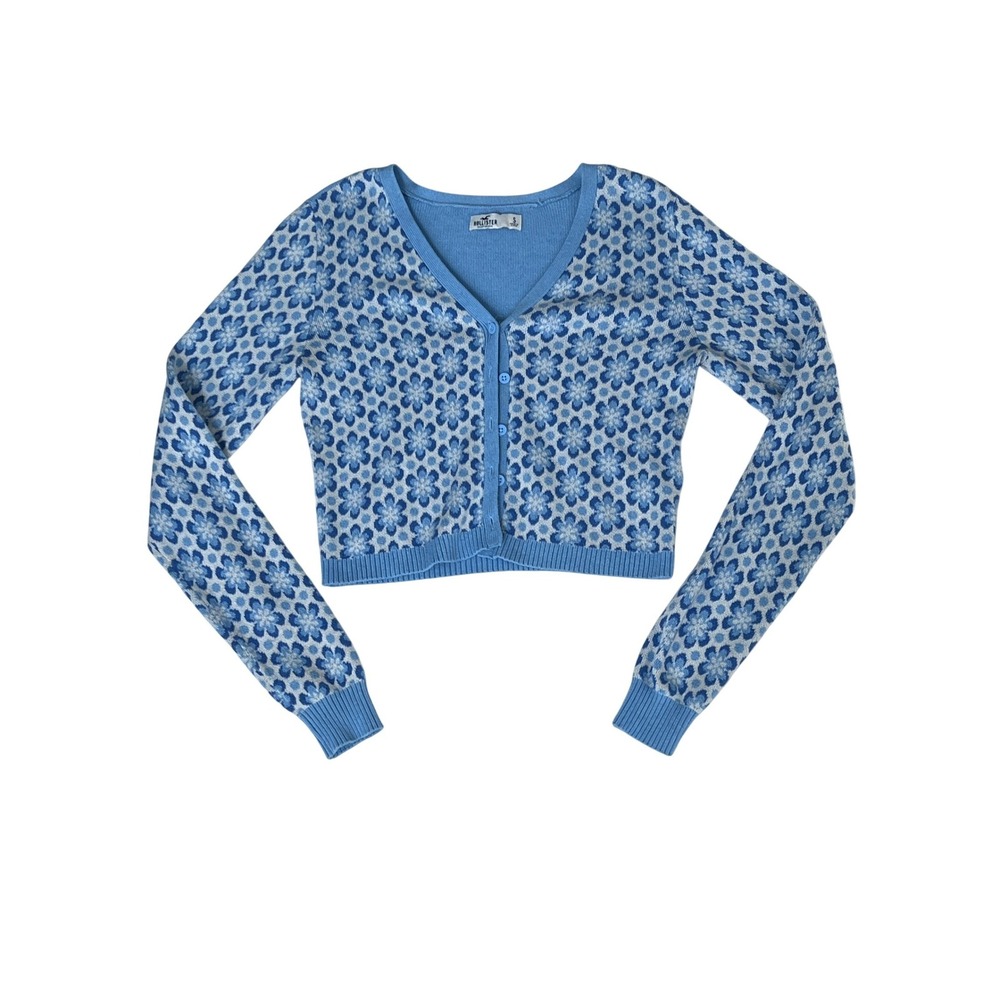 Hollister California Blue Floral Print Cropped Cardigan Sweater Women's Small